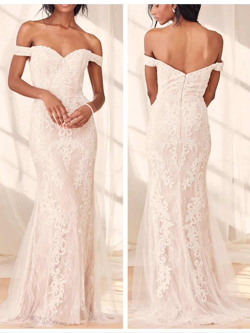 Lulu's Promised Love White Beaded Lace Off-the-Shoulder Maxi Dress
